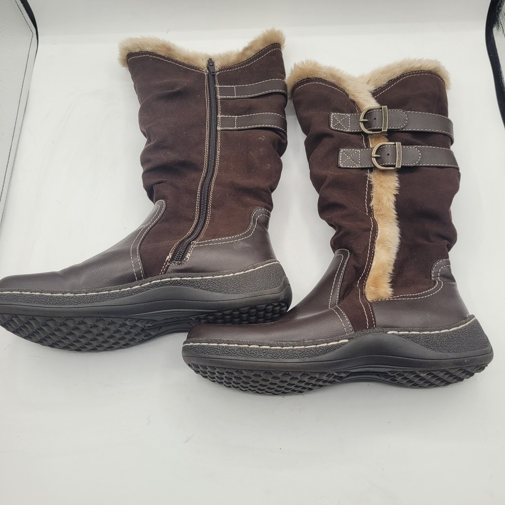 NEW Woman's 8 Dark Brown Faux Leather Tall Winter Boots‎ Fur Lined Buckle Accent